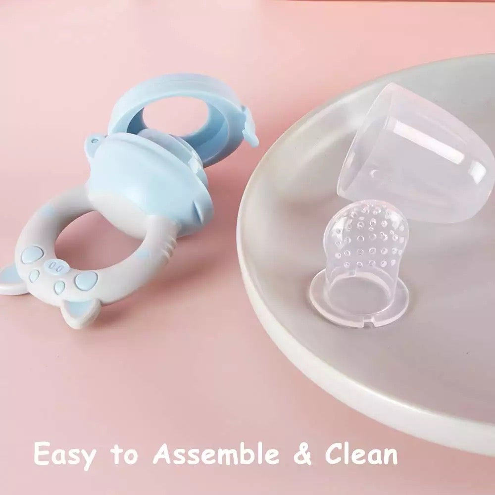 Baby Blue and Gray Piggy style Fresh Fruit feeder. Mesh nipple made of 100% food grade silicone.