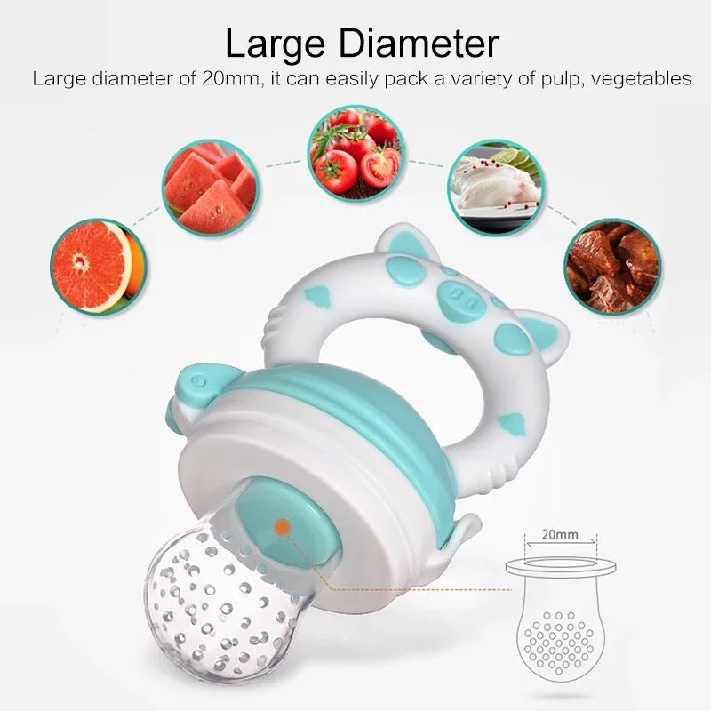 Baby Blue and White Piggy style Fresh Fruit feeder. Mesh nipple made of 100% food grade silicone.