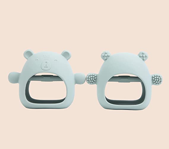 Front and back of 100% Silicone Bear teether Mitt