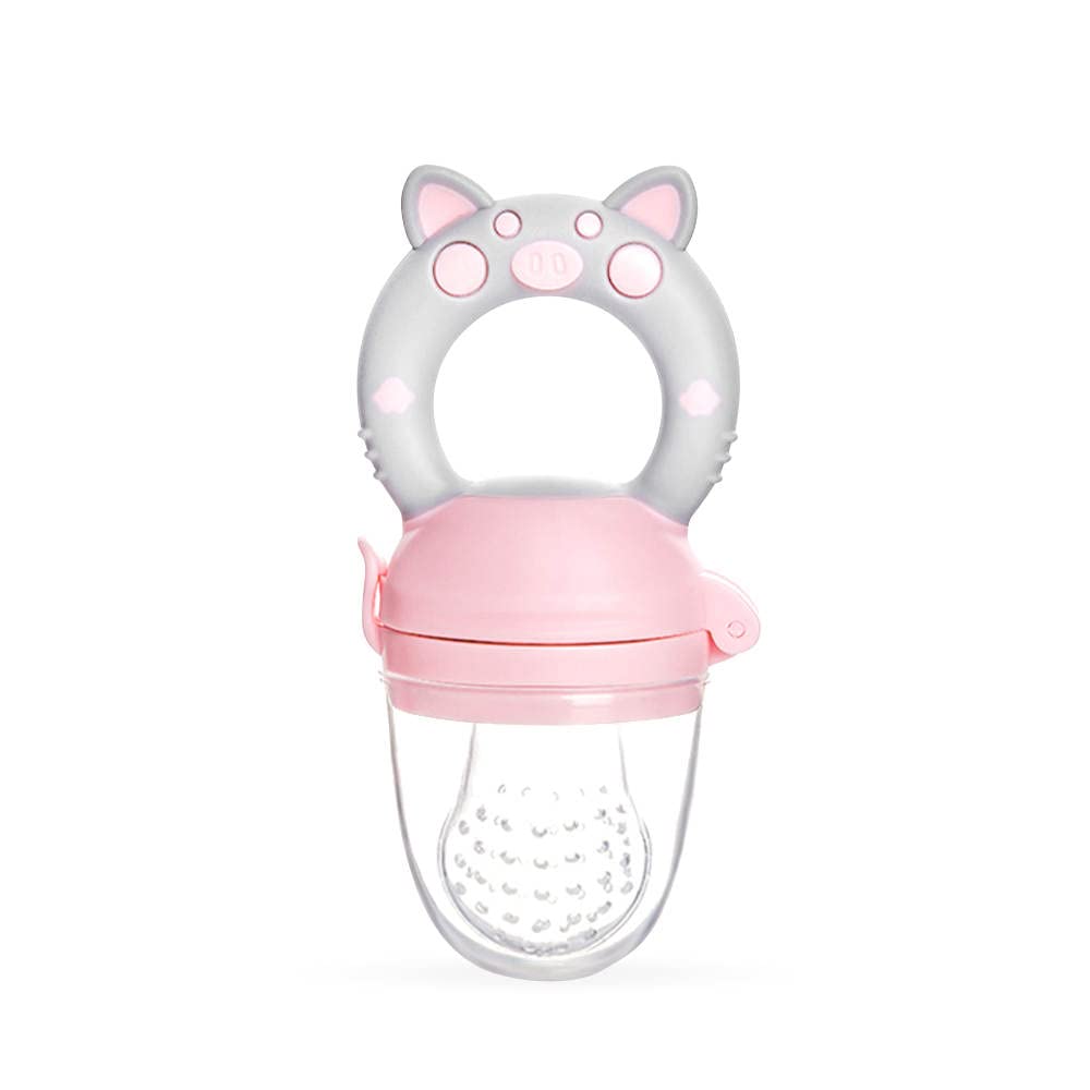 Baby Pink and Gray Piggy style Fresh Fruit feeder. Mesh nipple made of 100% food grade silicone.