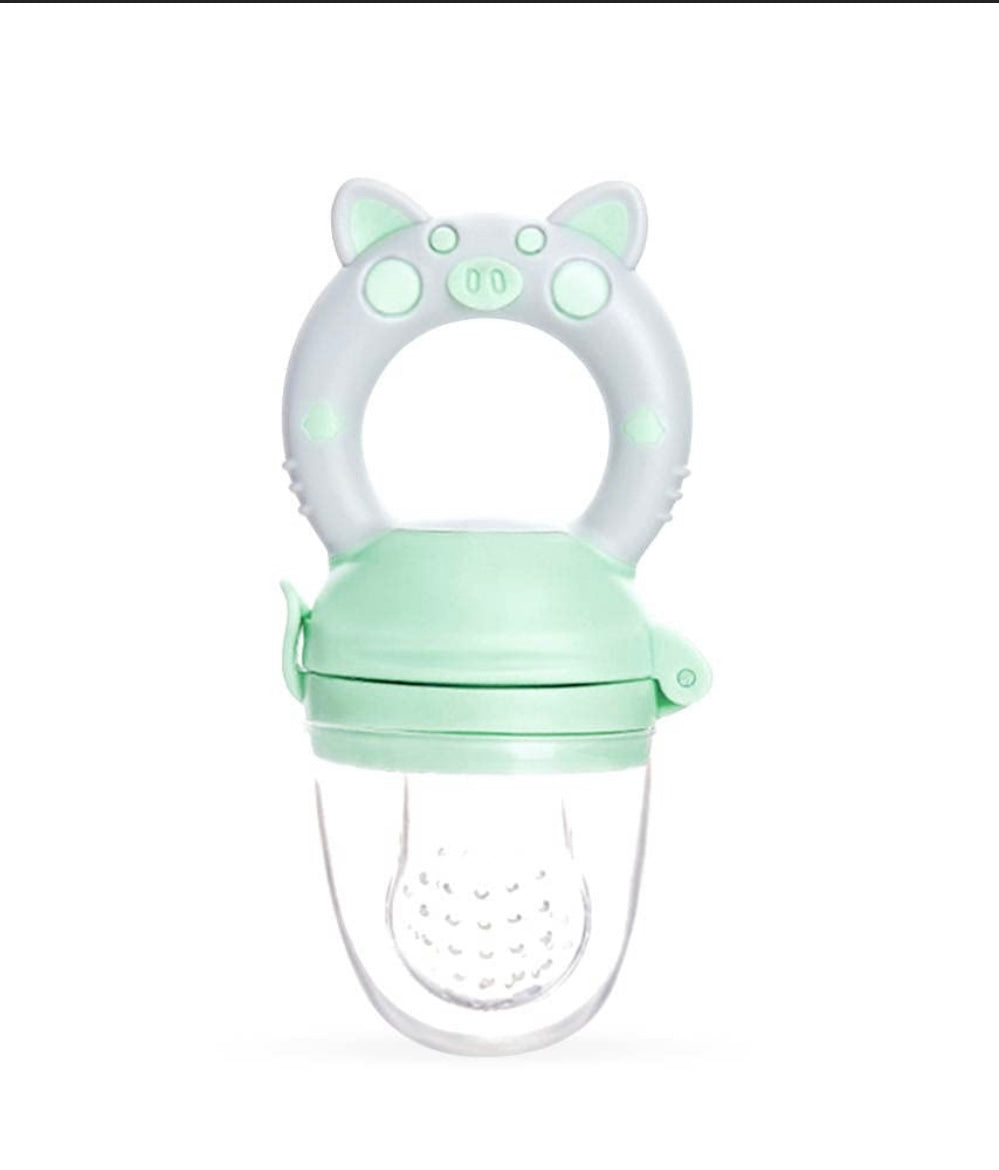 Baby Dusty Green and Gray Piggy style Fresh Fruit feeder. Mesh nipple made of 100% food grade silicone.